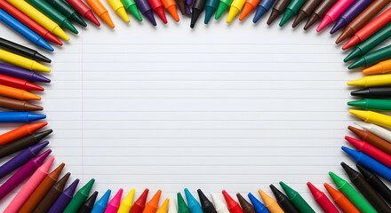 A vibrant frame of multicolor wax crayons arranged on a background of white lined notebook paper providing ample copy space