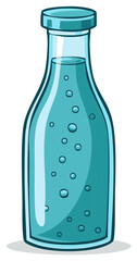 Stylized Beverage Bottle with Effervescent Blue Drink and Bubbles, Transparent Glass Container