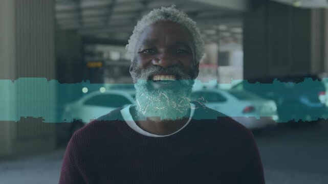Animation of data processing over happy afrcan american senior fit man
