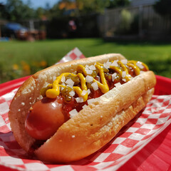 Delicious Grilled Hot Dog in Bun with Toppings