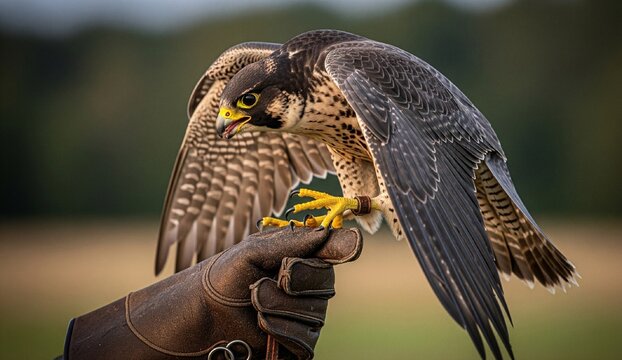 A peregrine falcon perches on a gloved hand