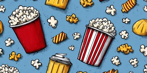 A playful pattern showcasing popcorn containers, popcorn kernels, and related items in a bold, colorful design.