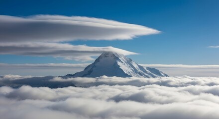 Snowy mountain range above clouds