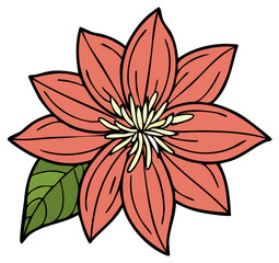 Stylized botanical illustration of a blooming coral pink flower with bold outlines and green leaves