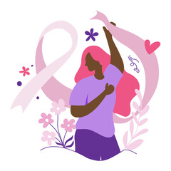 Pink-haired woman with a breast cancer awareness ribbon, flowers, and heart.