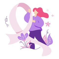 Woman Holding Pink Ribbon Breast Cancer Awareness Illustration