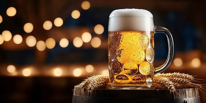 Frothy beer mug on barrel in dimly lit oktoberfest se. Two foamy ale stein upon cask in dark oktober fest celebration beverage refreshment brew festival vintage wooden low light