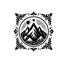 Detailed mountain landscape illustration within a circular decorative frame.