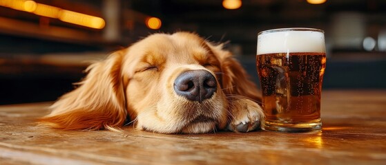 Golden retriever resting head near a pint of beer on. Canine repose adjacent brew beverage golden retriever head close draft ale pet comfort domestic animal refreshment relaxation