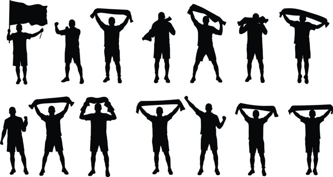 Football fan silhouette, cheering crowd, supporter with flag, sports audience, soccer scarf, team spirit, celebration vector, stadium supporter illustration
