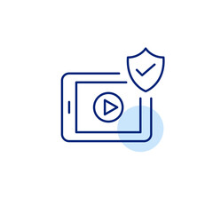 Tablet with playback button, shield and checkmark. Cybersecurity assurance, safe data handling, authenticated login, compliant digital use. Pixel perfect, editable stroke vector icon