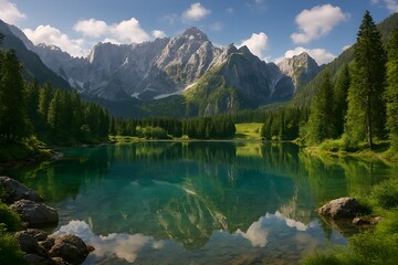 Fototapeta premium mountain lake landscape with stunning blue sky and clouds peaceful nature scene tranquil water