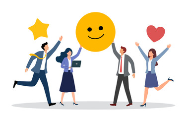Employee satisfaction, workplace happiness or success team motivation, employee engagement or participation, feedback or company survey rating concept, business people employee with smile happy face.