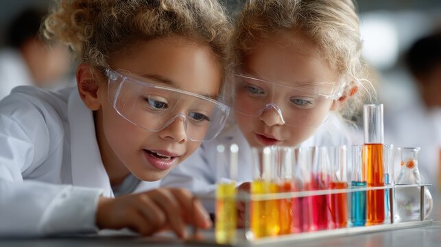 Curious Minds in the Lab: Two young children, donned in safety goggles and lab coats, engage in an exciting experiment in a science lab, demonstrating their passion for discovery.