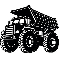 A black and white illustration of a large dump truck