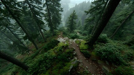 Obraz premium Misty Mountain Trail Winding Through Lush, Moss-Covered Evergreen Forest