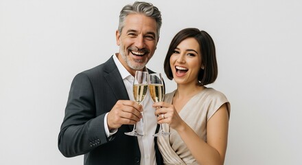 Happy couple joyfully toasting champagne soft light studio portrait. AI Generated