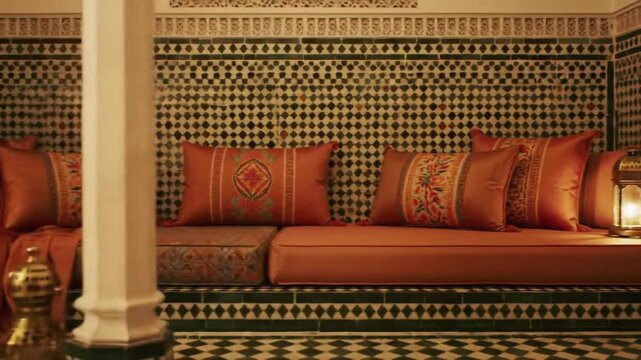 Authentic Moroccan riad interior design featuring intricate green and white zellige mosaic tiles and plush terracotta seating for a serene traditional retreat