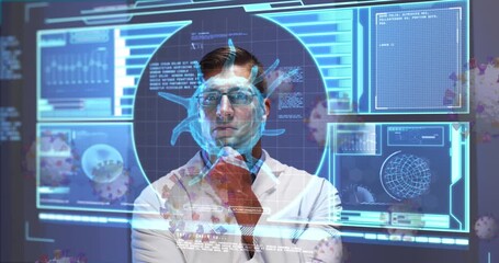 Digital interface with medical data processing against thoughtful caucasian male doctor - Powered by Adobe