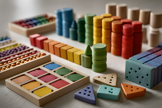 Colorful educational math anipulatives arranged on aflat surface for teaching oung children basic arithmtic