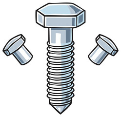 Illustration of Silver Metal Bolts with Thread and Octagonal Head and Two Small Bolts