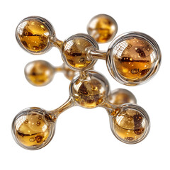 Close up of a molecular structure with golden liquid inside of the glass spheres isolated on transparent background