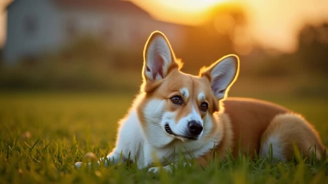 A corgi dog peacefully rests in the grass with a building in the background during sunset