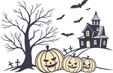 Halloween clipart design with spooky elements. Cute Halloween clipart set with pumpkins and ghosts. Scary Halloween clipart artwork isolated on white. Halloween party clipart collection with bats
