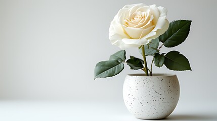 Blooming White Rose in Speckled White Ceramic Pot on Minimalist White Background, Soft Lighting for Serene Ambiance