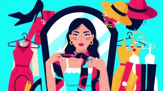 A flat 2D colorful animation of a fashion influencer posing in front of a mirror, surrounded by clothes and accessories.