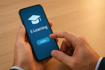 Person Using Smartphone to Access E-Learning Platform with Educational Icon and Button for Learning on Wooden Table Surface