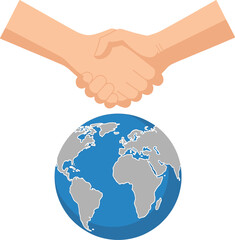 Conceptual vector graphic of a handshake over the world globe, an icon for global business deals, international relations, and diplomacy