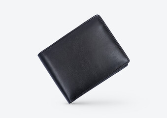 Genuine leather fashionable black wallet for men's isolated on a white background. A professional and stylish look. top view of black leather wallet. banknotes and put card inside the wallet