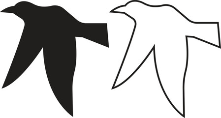 Bird silhouette flat and outline icons set, flying bird shapes, sparrow pigeon dove crow hummingbird seagull black vectors, nature wildlife illustration symbols isolated on transparent background.