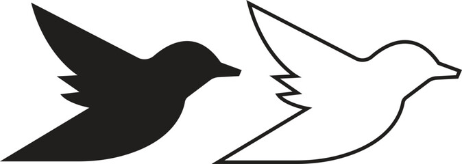 Bird silhouette flat and outline icons set, flying bird shapes, sparrow pigeon dove crow hummingbird seagull black vectors, nature wildlife illustration symbols isolated on transparent background.