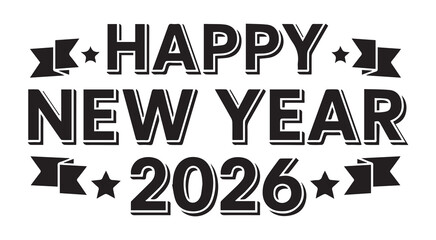 Happy New Year 2026 with stars and ribbons celebration