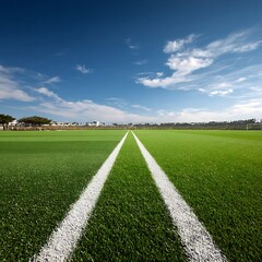 Obraz premium Vibrant green soccer field with crisp white lines under a vast, clear blue sky promising exciting competition and athletic achievement.