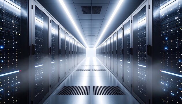 Interior perspective of a server room with symmetrical rows of cabinets. 