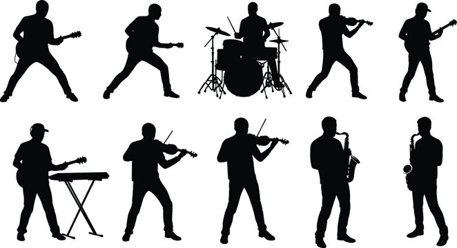 Musician silhouette vector illustration, guitar player, drummer, violinist, saxophone player, keyboardist, rock band, jazz band, music performance art
