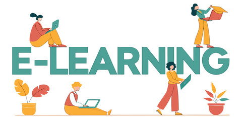 Obraz premium People learning online with laptops and the word e learning