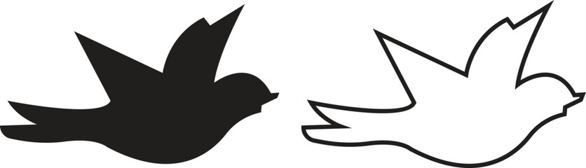 Bird silhouette flat and outline icons set, flying bird shapes, sparrow pigeon dove crow hummingbird seagull black vectors, nature wildlife illustration symbols isolated on transparent background.