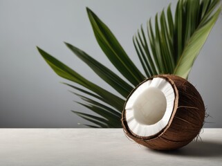 Halved Coconut with Palm Fronds Against a Soft Gray Backdrop, Minimalist Still Life