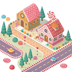 Isometric Candy Village with Gingerbread Houses and Roads isolated on a transparent background