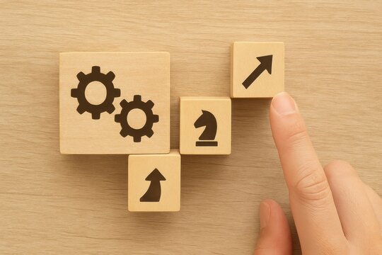 Wooden blocks with growth symbols representing strategy, development, and improvement in a business or educational context, ideal for conceptual imagery in professional fields