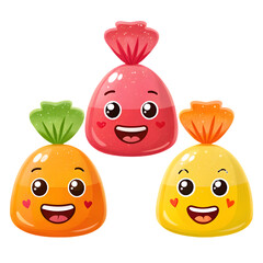 Three cute cartoon candies with happy faces candy sweet isolated on a transparent background