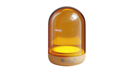 Amber dome-shaped lamp with a warm interior light and controls