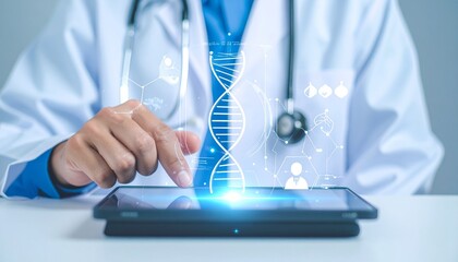 Doctor interacting with a digital tablet displaying a glowing DNA helix and holographic medical data, representing genetic research and healthcare technology.