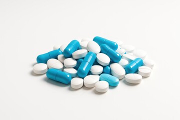 Colorful Arrangement of Blue Capsules Mixed with White Tablets on a Clean Surface for Health and Pharmacy Themes, Medicine and Wellness Concepts