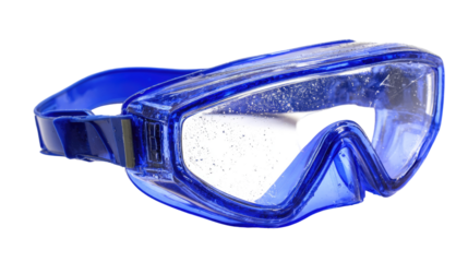 Blue swimming goggles with water droplets