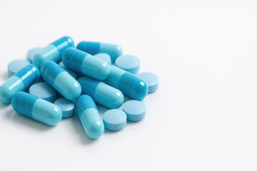 Collection of blue pharmaceutical capsules and round tablets arranged on a white surface showcasing vibrant colors and modern healthcare elements
